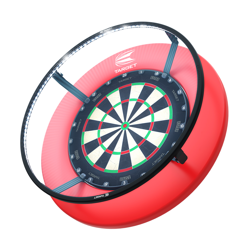 Das Bild zeigt das Produkt „Target CORONA Vision LED Dartboard Lighting System“. Es handelt sich um eine runde LED-Beleuchtung, die um eine Dartscheibe angebracht ist.